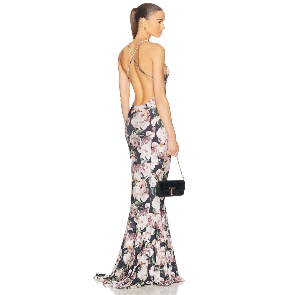 Norma Kamali Low Back Slip Fishtail Gown Dark Floral Jersey Maxi Dress Sold Out